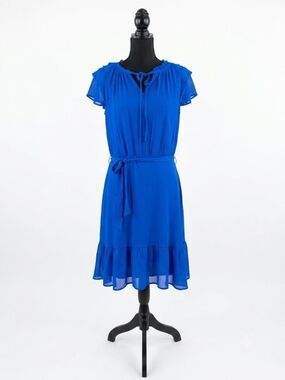 Dkny Cobalt Blue Tie-Waist Ruffle Midi Dress